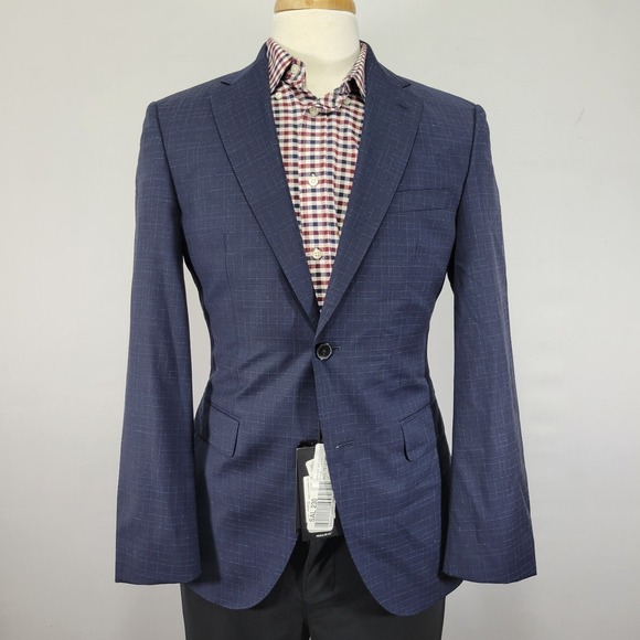 Hugo Boss Men's Sport Coat Blazer Two Button Navy Checked Wool GUABELLO 36R NEW - Picture 1 of 16
